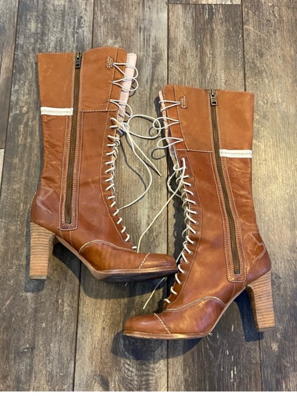 TIMBERLAND • Genuine Leather Tan Brown Lace-Up Leather Mid-Calf Heeled Boots - Picture 2 of 7